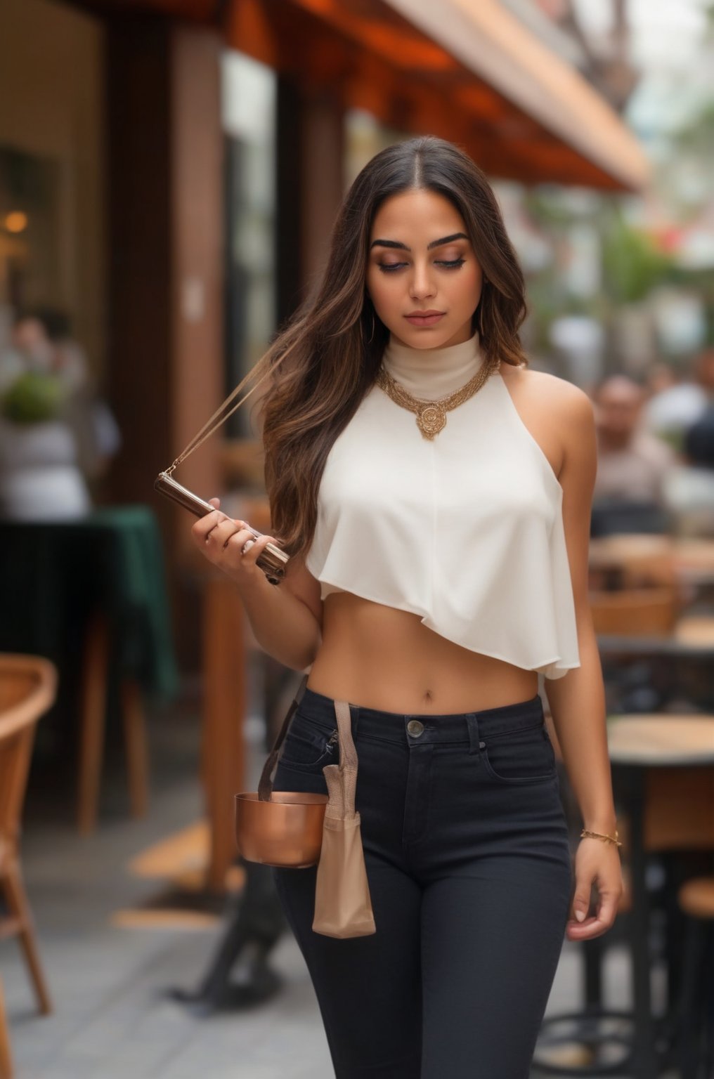 Best quality, 8k, 32k, Masterpiece, (UHD::1.2), ((High Resolution)), ((High Detail)), create a full body image of a beautiful young Mexican woman, ((ojos tapatios, hazel eyes)), slim, hourglass figure. She is standing outside of a coffee shop in Mexico city, hoping you will approach her to court her. Backlit, beautifully lighting.