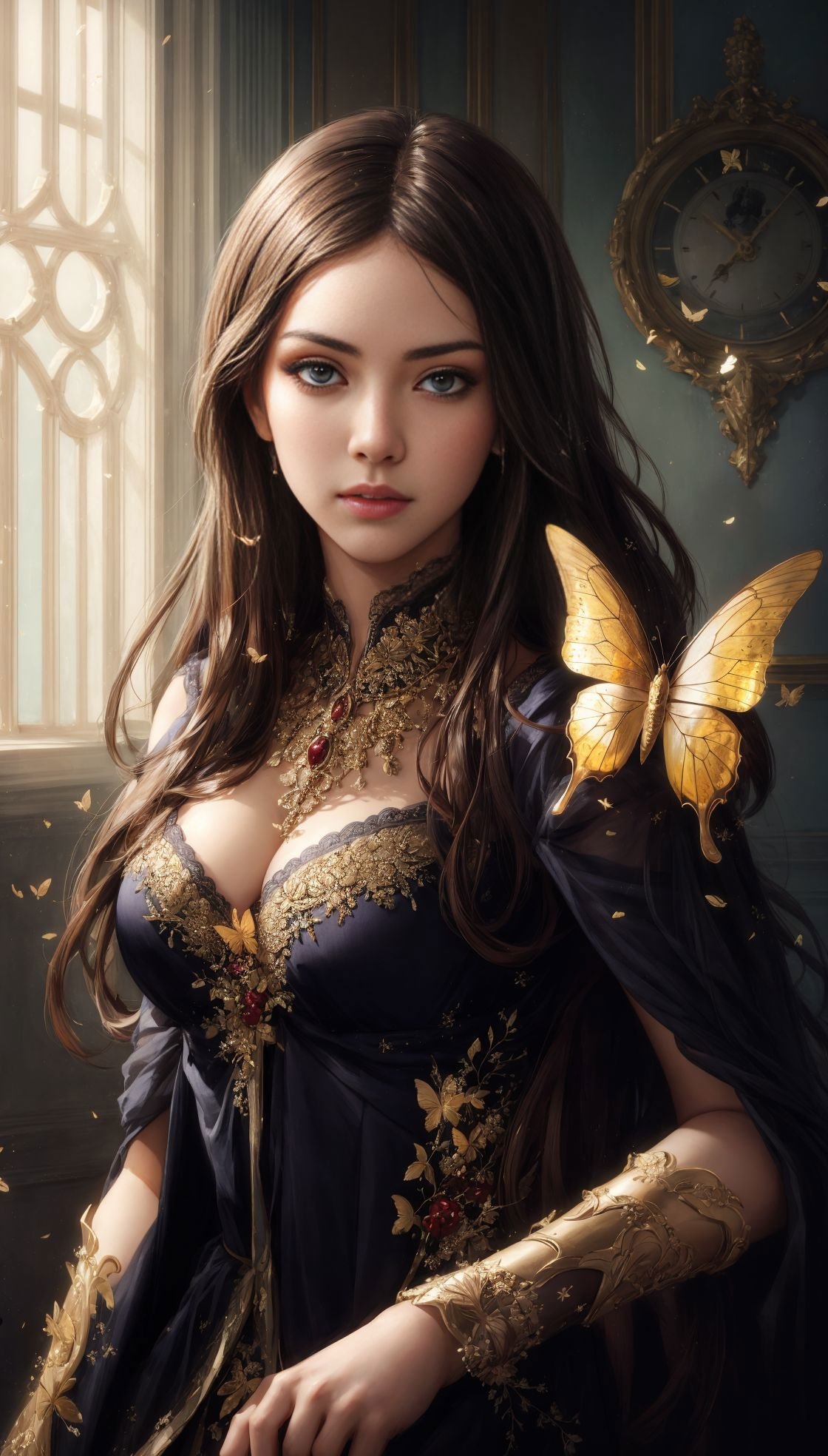 8k portrait of beautiful cyborg with brown hair, intricate, elegant, highly detailed, majestic, digital photography, art by artgerm and ruan jia and greg rutkowski surreal painting gold butterfly filigree, broken glass, (masterpiece, sidelighting, finely detailed beautiful eyes: 1.2), hdr, <lora:more_details:0.36>