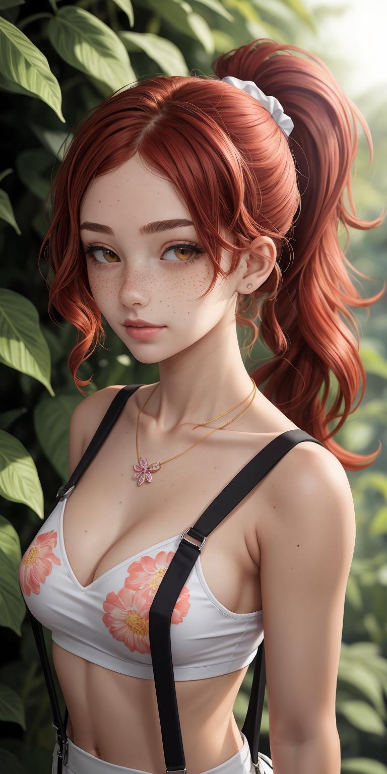 (masterpiece, best quality), 1girl, collarbone, wavy hair, looking at viewer, blurry, upper body, necklace, suspenders, floral print, ponytail, freckles, red hair, sunlight,