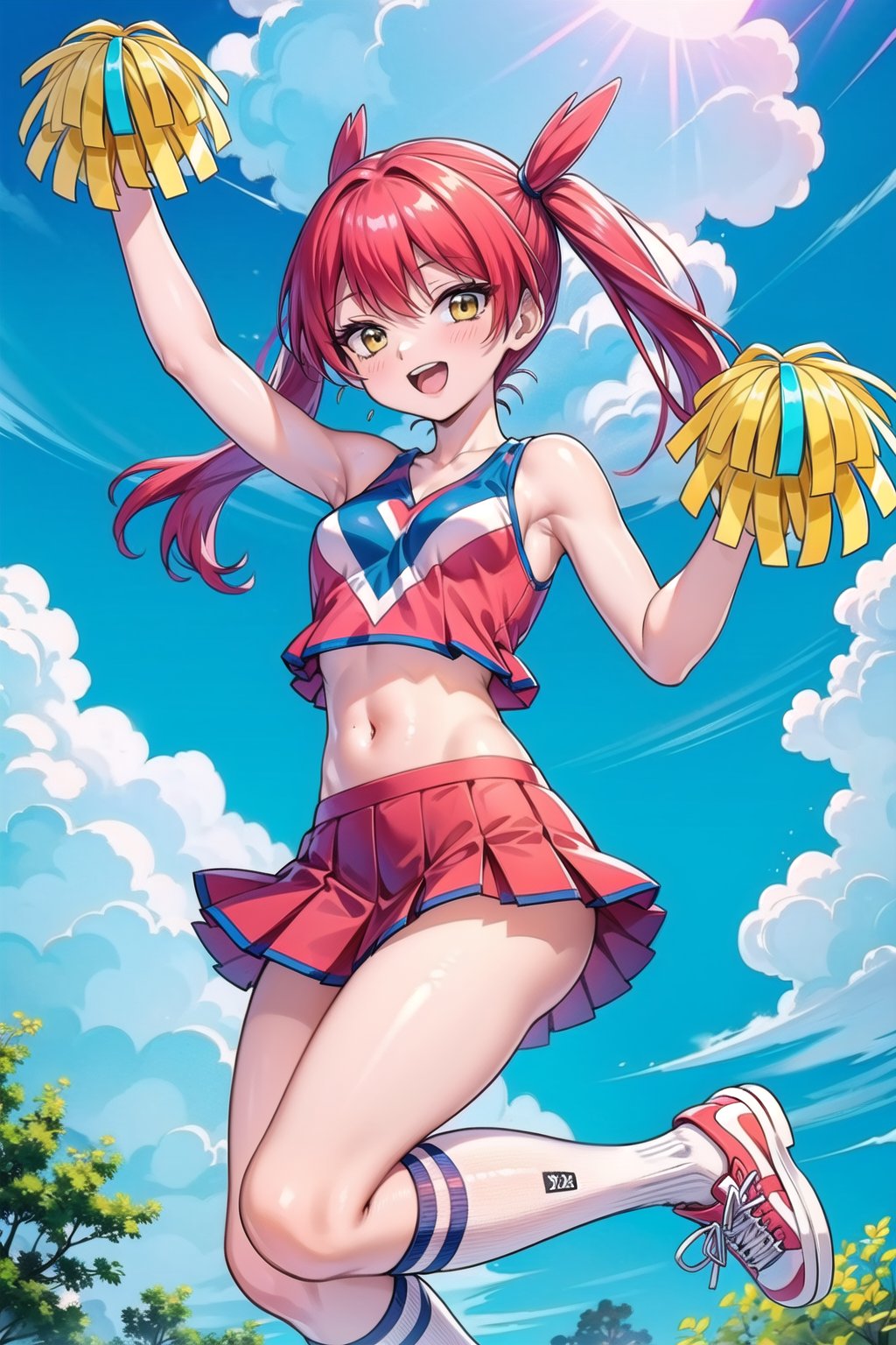 (masterpiece), latias, 1girl, solo, long hair, breasts, red hair, looking at viewer, smile, open mouth, outdoors, sky, clouds, twintails, yellow eyes, red skirt, skirt, navel, pleated skirt, midriff, miniskirt, crop top, cheerleader, pom pom (cheerleading), sneakers, shoes, socks, sleeveless shirt, kneehighs, bare shoulders