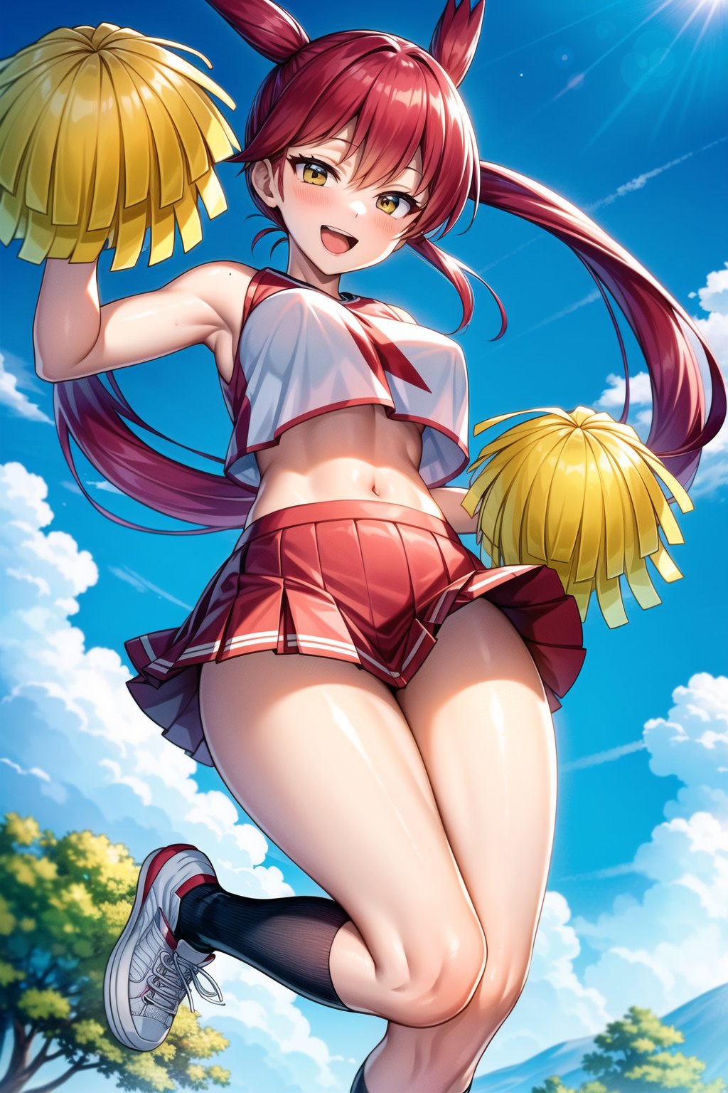 (masterpiece), latias, 1girl, solo, long hair, breasts, looking at viewer, smile, open mouth, outdoors, sky, clouds, twintails, yellow eyes, red skirt, skirt, navel, pleated skirt, midriff, miniskirt, crop top, cheerleader, pom pom (cheerleading), sneakers, shoes, socks, sleeveless shirt, kneehighs, bare shoulders