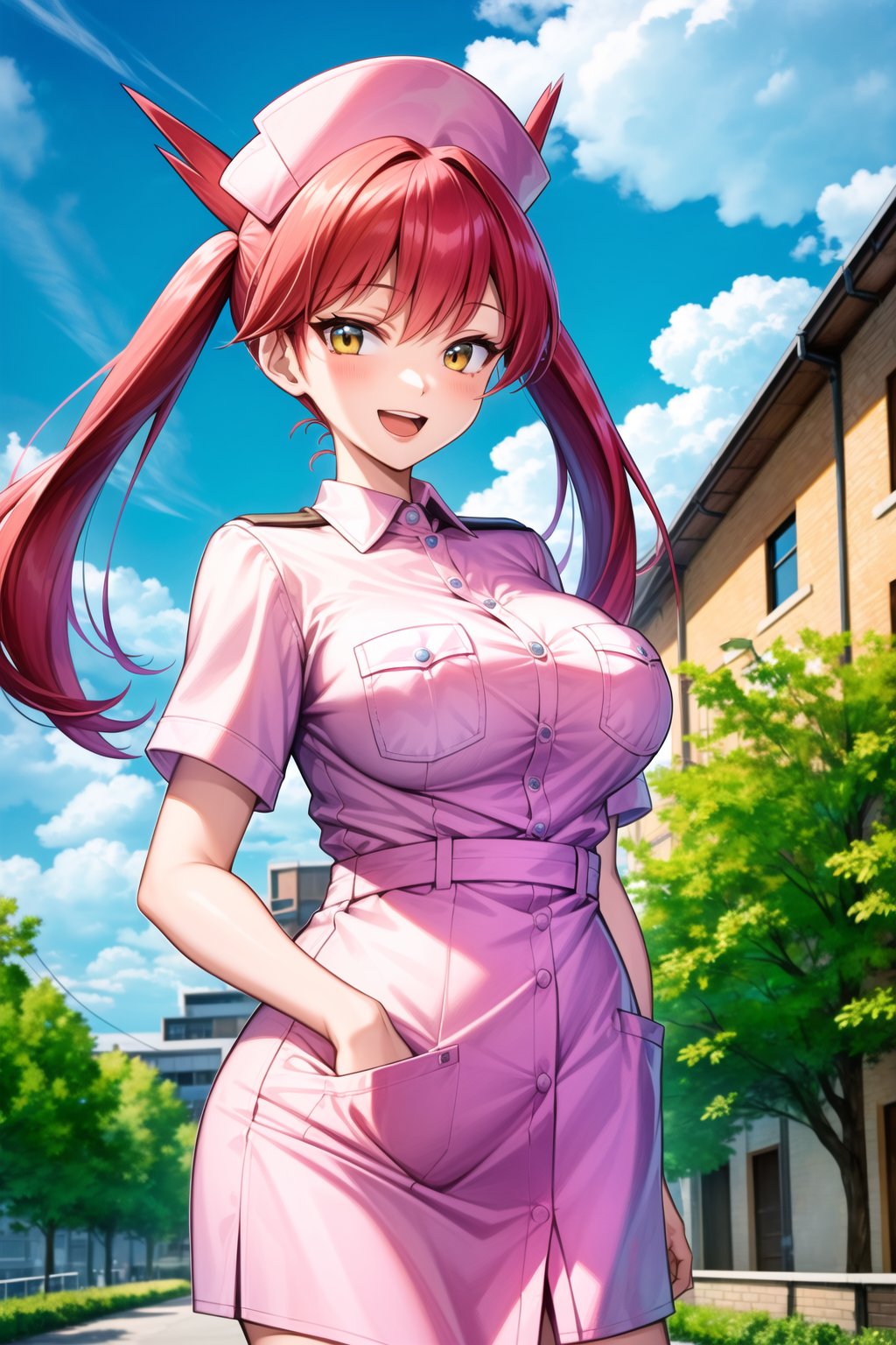 (masterpiece), latias, 1girl, solo, long hair, breasts, red hair, looking at viewer, smile, open mouth, outdoors, sky, clouds, twintails, yellow eyes, pink dress, nurse, shirt, buttons, hat, pocket, breast pocket, short sleeves, nurse cap, pink headwear