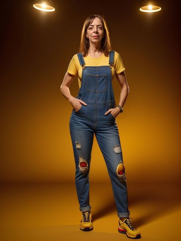 ((sfw)), (full body shot), UHD, 8k, Ultra Detailed, cinematic portrait, Studio Modelshoot portrait by massimo vitali [ Sarah Vandella | Allison Janney ] wearing overalls , banana in the shape of dracula, thematic lighting, 