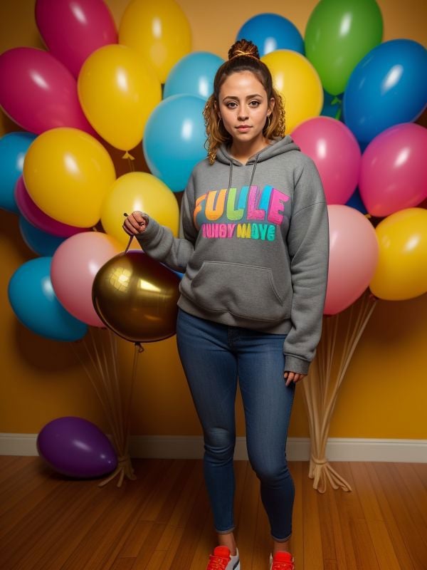 ((sfw)), (full body shot), UHD, 8k, Ultra Detailed, cinematic portrait, Studio Modelshoot portrait by lee friedlander [ Teresa Palmer | Alyssa Milano ] wearing sweatshirt , gorilla holding a bundle of colorful balloons, thematic lighting, 