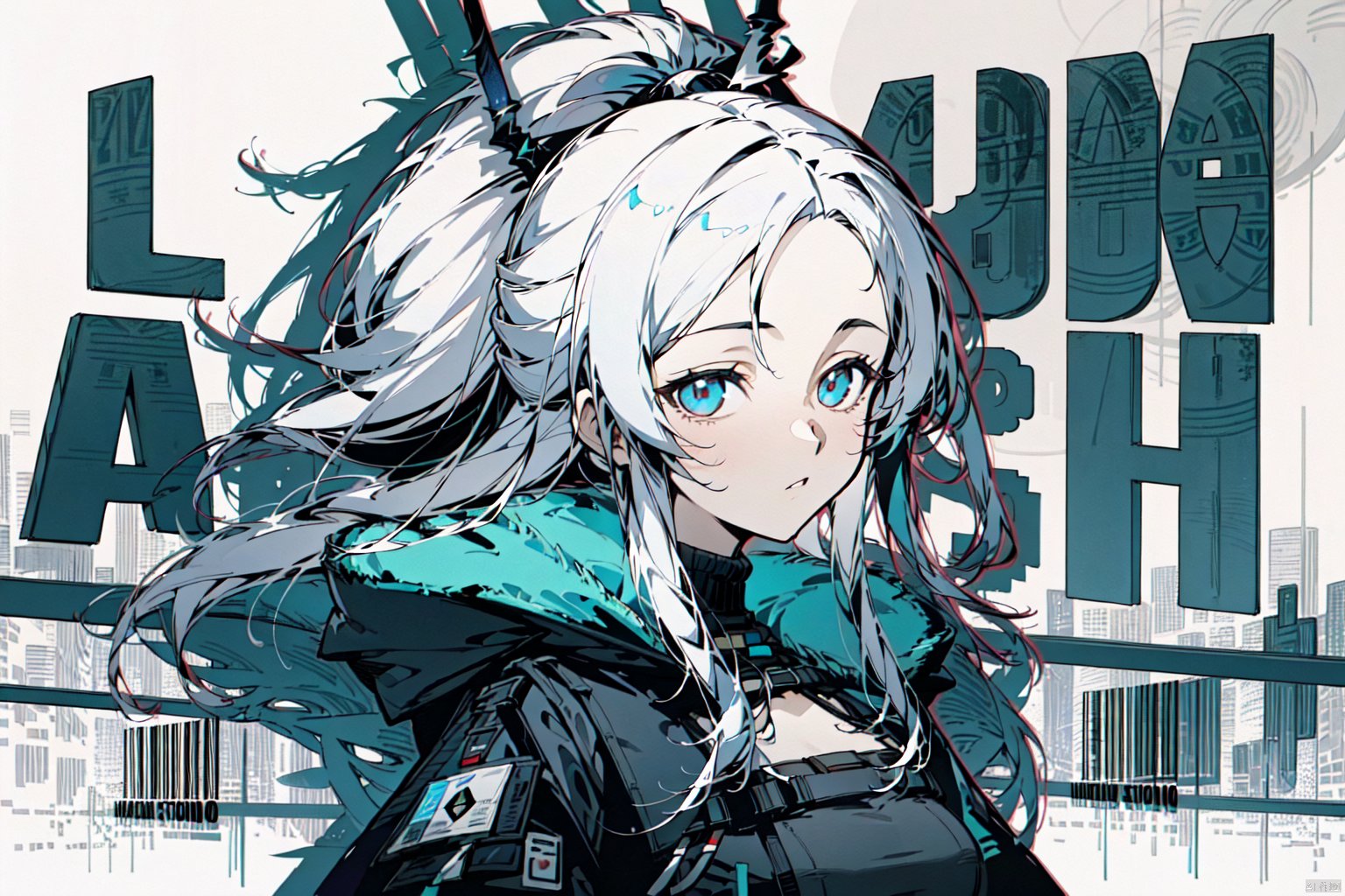 1girl, solo, long hair, Long white hair, high ponytail, no bangs, exposed forehead, expressionless face,breasts, looking at viewer, Look down, arrogant, jacket, upper body,  character name, black dress, black jacket, chest strap, Letters, \(arknights\), girl