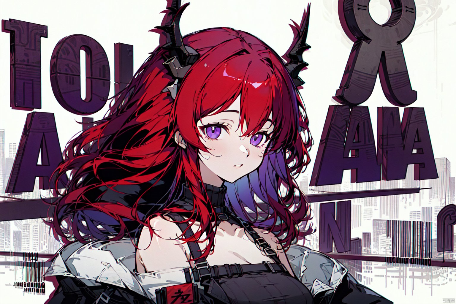 1girl, solo, long hair, breasts, looking at viewer, bangs, dress, bare shoulders, purple eyes, jacket, upper body, red hair, horns, off shoulder, character name, black dress, black jacket, chest strap, surtr \(arknights\)