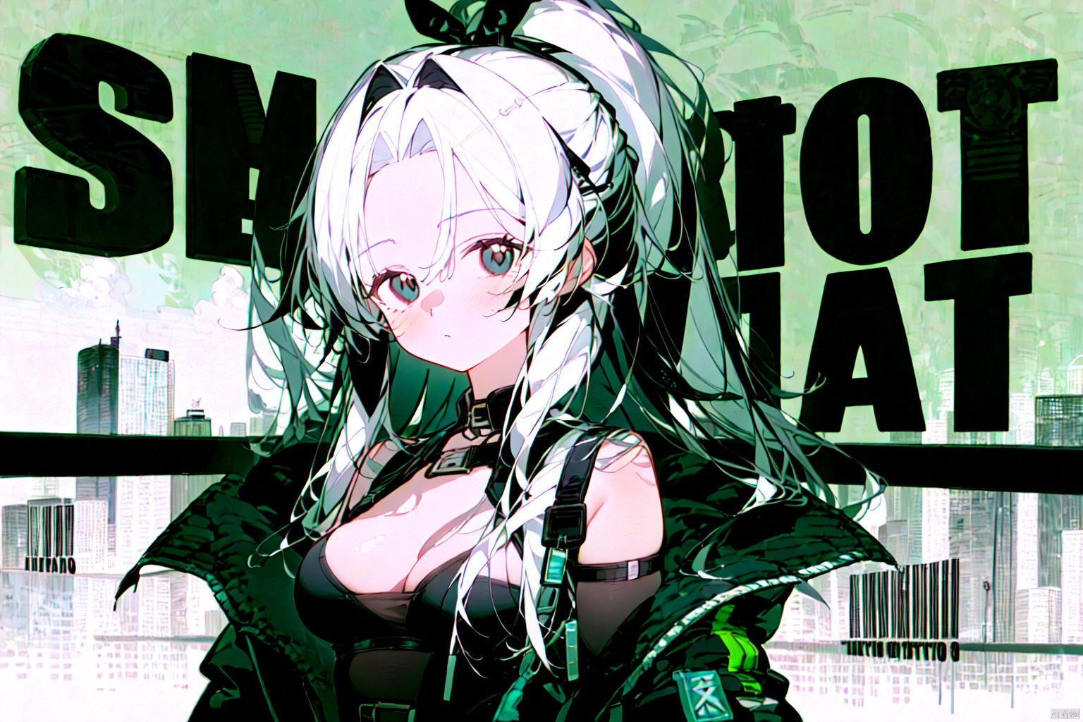 1girl, solo, long hair, Long white hair, high ponytail, no bangs, exposed forehead, expressionless face,breasts, looking at viewer, Look down, arrogant, jacket, upper body,  character name, black dress, black jacket, chest strap, Letters, \(arknights\)