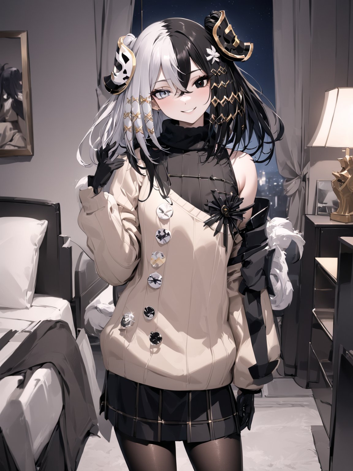 //Quality,
masterpiece, best quality, detailed
,//Character,
solo,
,//Fashion,
,//Background,
night room
,//Others,
,Antilene_Heran_Fouche \(overlord\), 1girl, black eyes, grey eyes, heterochromia, two-tone hair, hair between eyes, bangs, hair ornament, long sleeves, bare shoulder, gloves, sweater, skirt, pantyhose, smile