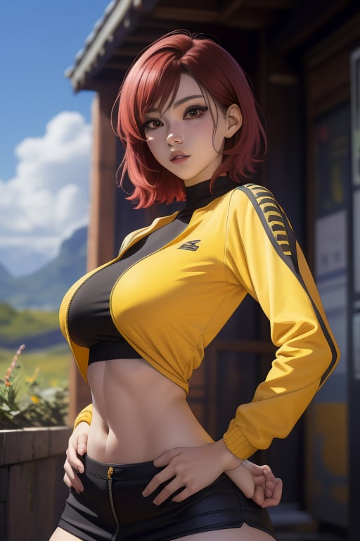 Karin Son is a beautiful young woman, 19 years old.  bbw. She has a short red-wine hair color, color eyes.  wearing a jacket, wearing a yellow top crop, black miniskirt. Tomboy Style. big breats, large breasts, wide hips, pronounced hips, big ass, round ass. In the background a detailed landscapes. interactive elements, very detailed, ((Detailed face)), ((Detailed Half body)), Color Booster,  sciamano240, Karin Son,nodf_lora