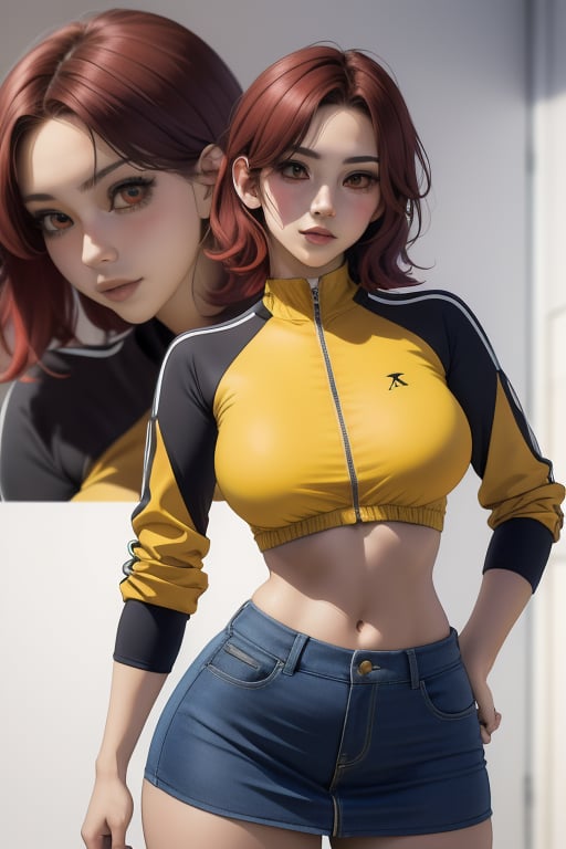 Karin Son is a beautiful young woman, 19 years old.  bbw. She has a short red-wine hair color, color eyes.  wearing a jacket, wearing a yellow top crop, black miniskirt. Tomboy Style. big breats, large breasts, wide hips, pronounced hips, big ass, round ass. In the background a detailed landscapes. interactive elements, very detailed, ((Detailed face)), ((Detailed Half body)), Color Booster,  sciamano240, Karin Son,nodf_lora