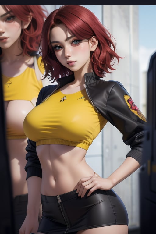 Karin Son is a beautiful young woman, 19 years old.  She has a short red-wine hair color, color eyes.  wearing a jacket, wearing a yellow top crop, black miniskirt. Tomboy Style. big breats, large breasts, wide hips, pronounced hips, big ass, round ass. In the background a series of highly detailed and unreal illustrations, surreal, abstract, lucid dreams, oneiric. interactive elements, very detailed, ((Detailed face)), ((Detailed Half body)), Color Booster,  sciamano240, Karin Son,nodf_lora