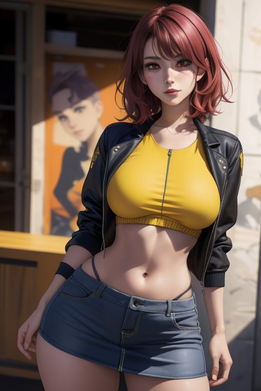 Karin Son is a beautiful young woman, 19 years old.  She has a short red-wine hair color, color eyes.  wearing a jacket, wearing a yellow top crop, black miniskirt. Tomboy Style. big breats, large breasts, wide hips, pronounced hips, big ass, round ass. In the background a detailed landscapes. interactive elements, very detailed, ((Detailed face)), ((Detailed Half body)), Color Booster,  sciamano240, Karin Son,nodf_lora