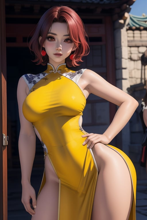 Karin Son is a beautiful young woman, 19 years old.  bbw. She has a short red-wine hair color, color eyes.  wearing a yellow fantasy  chinese dress with miniskirtt. Tomboy Style. big breats, large breasts, wide hips, pronounced hips, big ass, round ass. In the background a detailed landscapes. interactive elements, very detailed, ((Detailed face)), ((Detailed Half body)), Color Booster,  sciamano240, Karin Son,nodf_lora