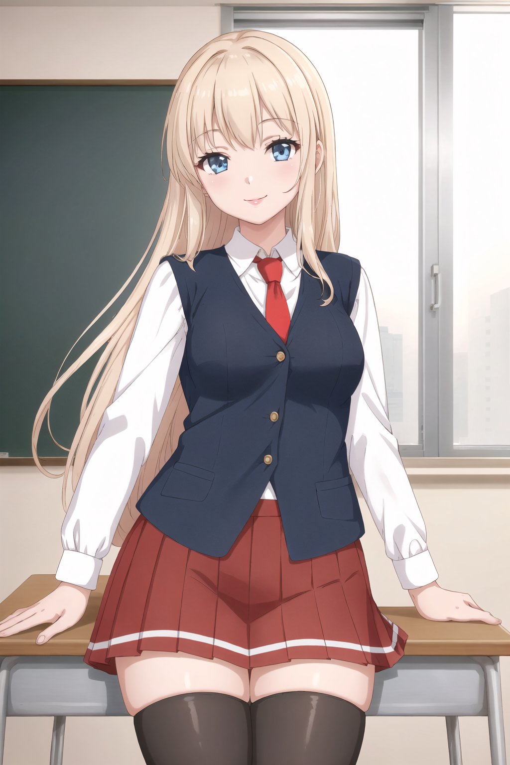 
((masterpiece))  ((high quality)) 
((beautiful details)),(( perfect focus)), (( high resolution)), ((exquisite texture in every detail)), 
smile

1girl ((oz)) (((long hair))) solo   blue eyes, blonde hair ,smile, naughty face 
smile
looking at viewer

white_shirt, long sleeves, (((red pleated skirt))), uniform,(((black thighhighs)), long sleeves, red tie,neckie, ((black_vest)) indoors classroom,victoria