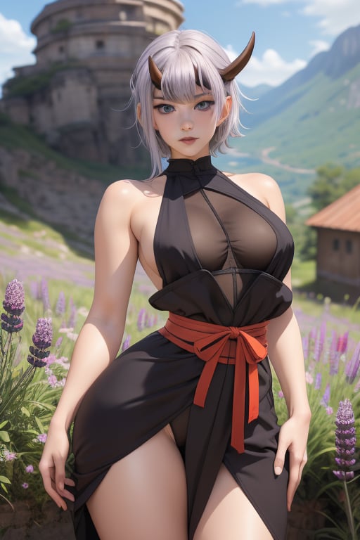 Shizuka is a beautiful young woman, 19 years old.  bbw. She has a short lavander hair color, horns, blue eyes.  wearing a black fantasy  tight  ninja dress with miniskirtt. Tomboy Style. big breats, large breasts, wide hips, pronounced hips, big ass, round ass. In the background a detailed landscapes. interactive elements, very detailed, ((Detailed face)), ((Detailed Half body)), Color Booster,  sciamano240, Shizuka