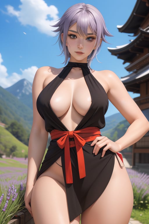 Shizuka is a beautiful young woman, 19 years old.  bbw. She has a short lavander hair color, blue eyes.  wearing a black fantasy  tight  ninja dress with miniskirtt. Tomboy Style. big breats, large breasts, wide hips, pronounced hips, big ass, round ass. In the background a detailed landscapes. interactive elements, very detailed, ((Detailed face)), ((Detailed Half body)), Color Booster,  sciamano240, Shizuka