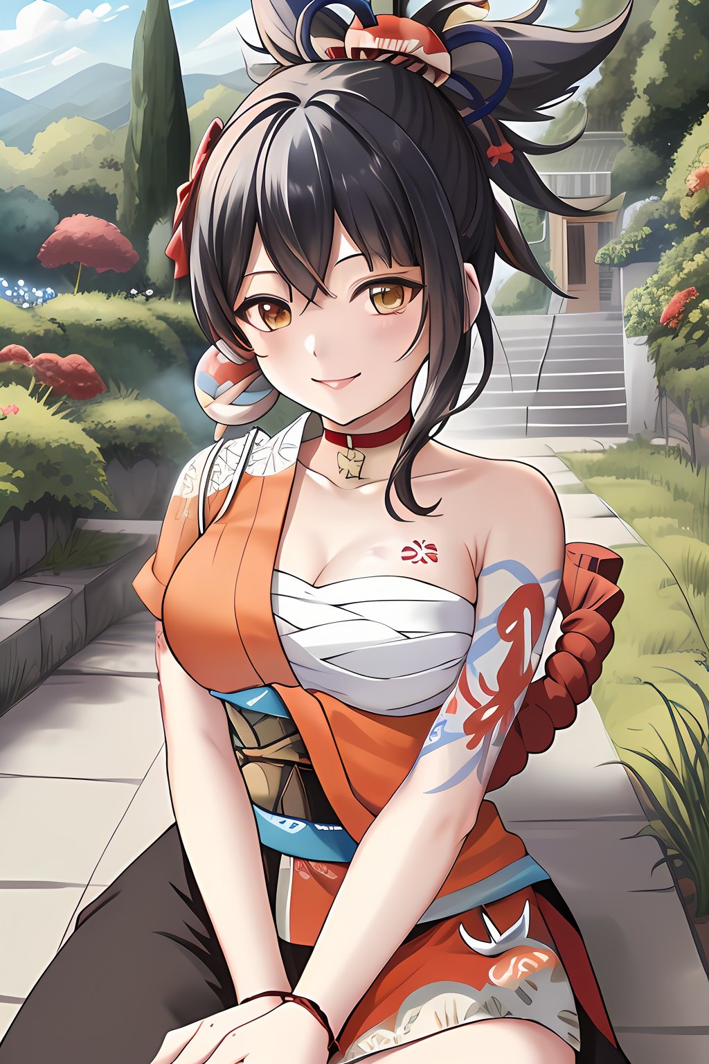 (masterpiece, best quality, ultra detailed), (detailed background, complex background:1.2), (perfect face, detailed face), full-face blush, (milf, mature female:1.4), happy, smile, 1girl, yoimiya, solo, ponytail, hair ornament, choker, tattoo, bandages, japanese clothes, sarashi, kimono, arm tattoo, red choker, orange kimono, chest tattoo, rope, shimenawa, sash, obi, hadanugi dousa, orange eyes(outdoors, garden, standing, sitting, arm support ) , orange eyes,masterpiece, ((black hair:1.4)),There