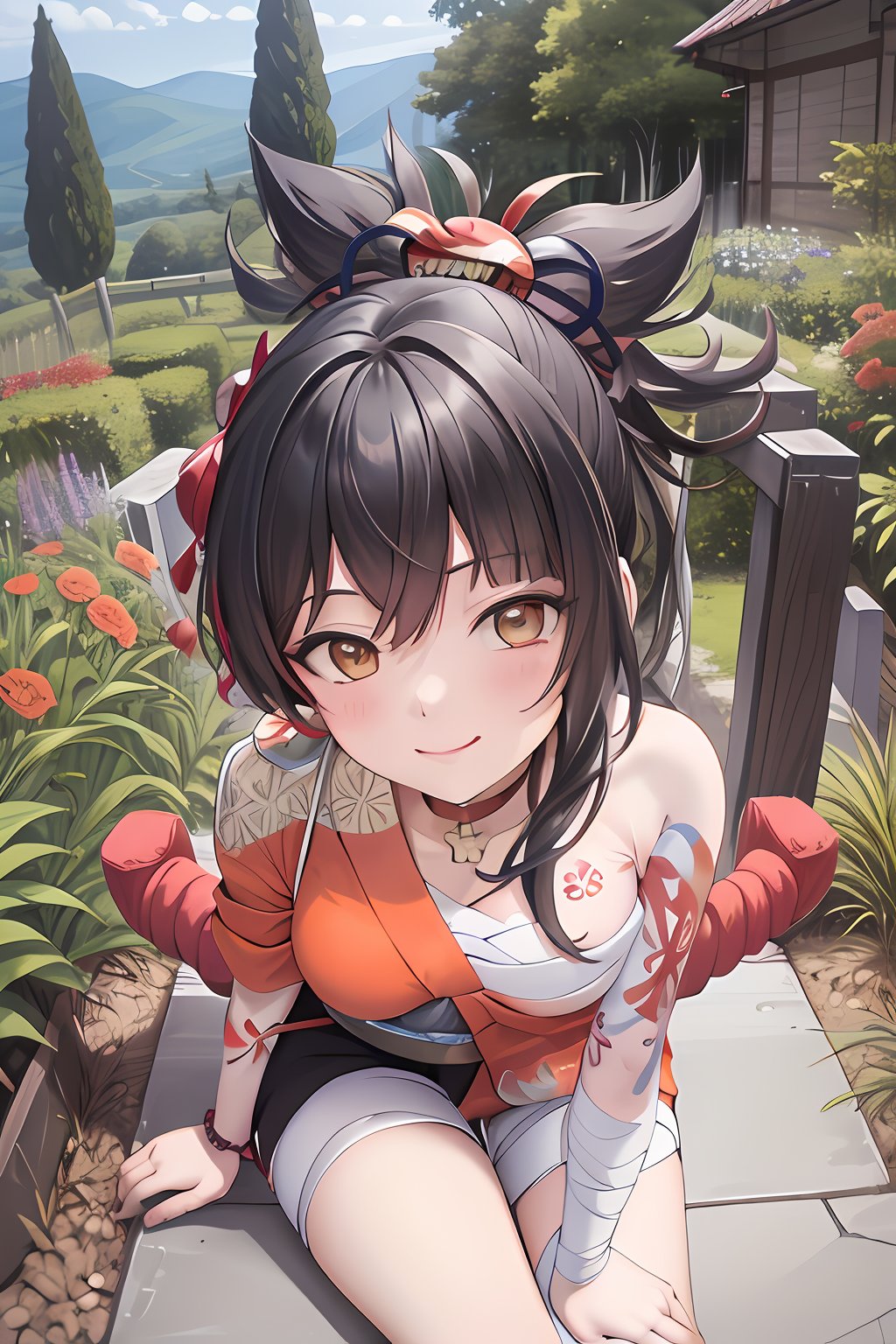 (masterpiece, best quality, ultra detailed), (detailed background, complex background:1.2), (perfect face, detailed face), full-face blush, (milf, mature female:1.4), happy, smile, 1girl, yoimiya, solo, ponytail, hair ornament, choker, tattoo, bandages, japanese clothes, sarashi, kimono, arm tattoo, red choker, orange kimono, chest tattoo, rope, shimenawa, sash, obi, hadanugi dousa, orange eyes(outdoors, garden, standing, sitting, arm support ) , orange eyes,masterpiece, ((black hair:1.4)),There