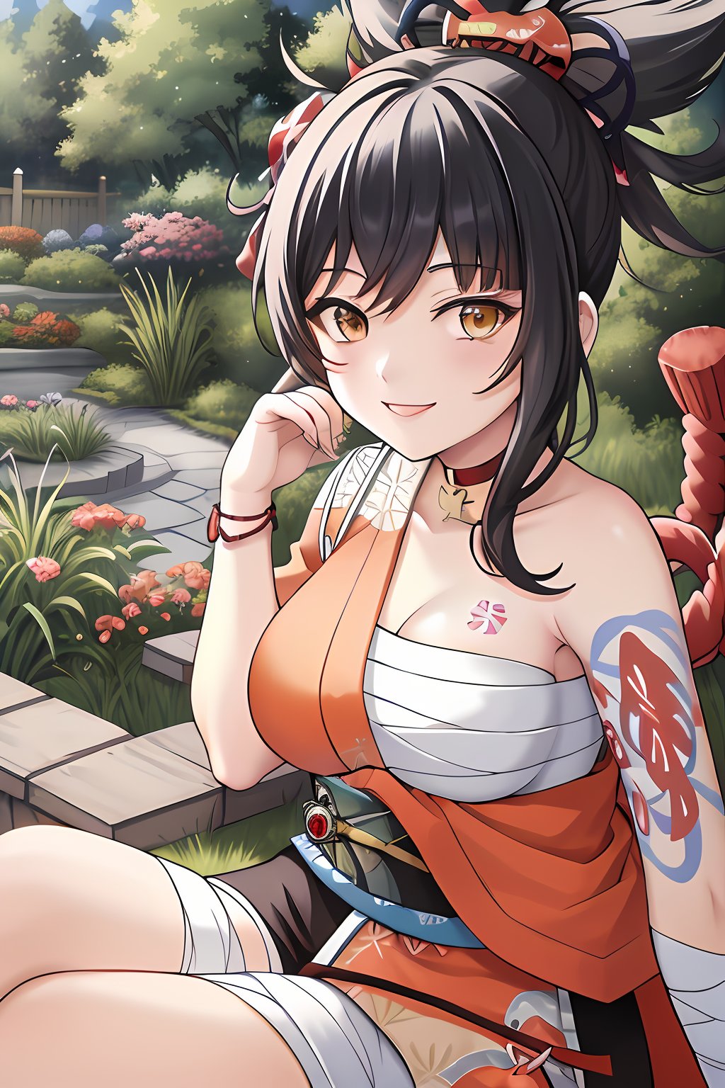 (masterpiece, best quality, ultra detailed), (detailed background, complex background:1.2), (perfect face, detailed face), full-face blush, (milf, mature female:1.4), happy, smile, 1girl, yoimiya, solo, ponytail, hair ornament, choker, tattoo, bandages, japanese clothes, sarashi, kimono, arm tattoo, red choker, orange kimono, chest tattoo, rope, shimenawa, sash, obi, hadanugi dousa, orange eyes(outdoors, garden, standing, sitting, arm support ) , orange eyes,masterpiece, ((black hair:1.4)),There