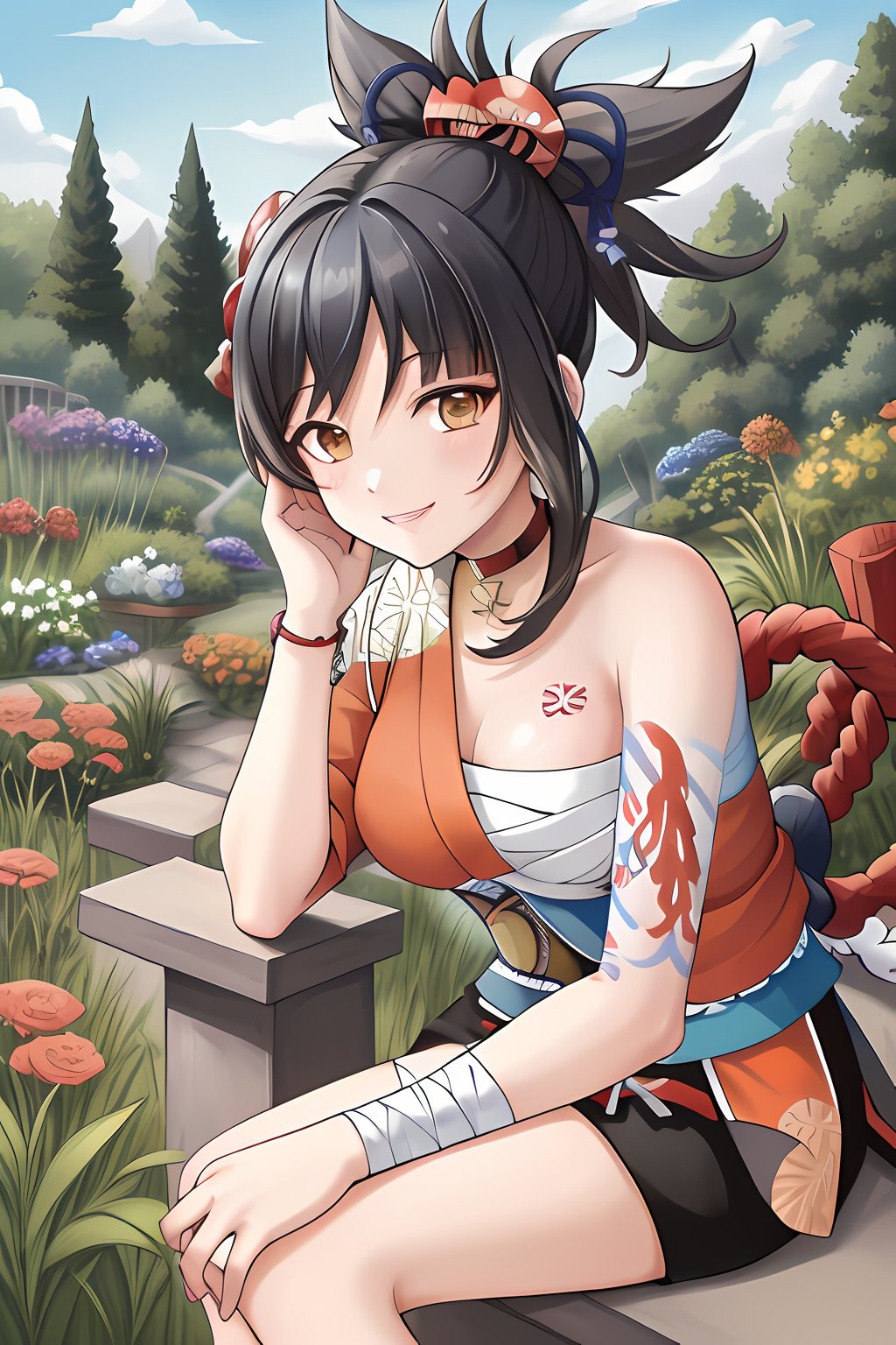 (masterpiece, best quality, ultra detailed), (detailed background, complex background:1.2), (perfect face, detailed face), full-face blush, (milf, mature female:1.4), happy, smile, 1girl, yoimiya, solo, ponytail, hair ornament, choker, tattoo, bandages, japanese clothes, sarashi, kimono, arm tattoo, red choker, orange kimono, chest tattoo, rope, shimenawa, sash, obi, hadanugi dousa, orange eyes(outdoors, garden, standing, sitting, arm support ) , orange eyes,masterpiece, ((black hair:1.4)),There