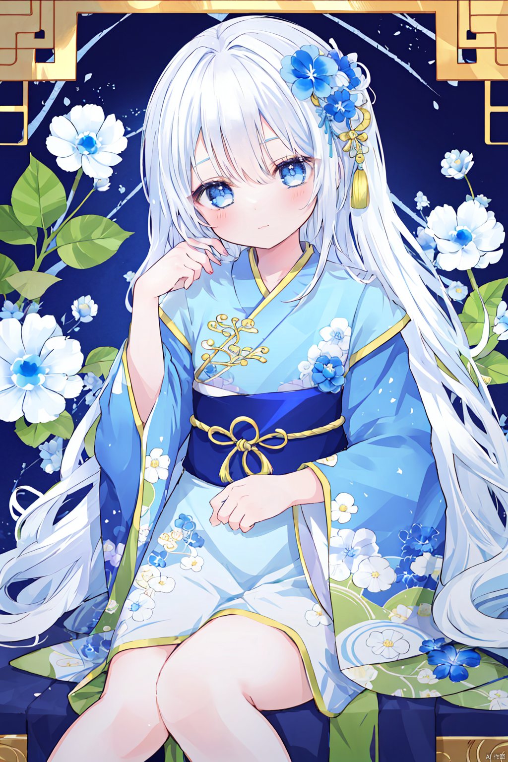  {fantasy theme,chines style},1girl, long hair, white hair, blue eyes, masterpiece, best quality,chinese clothes, hanfu, long sleeves, blue dress, hair flower, blue flower, eyesseye