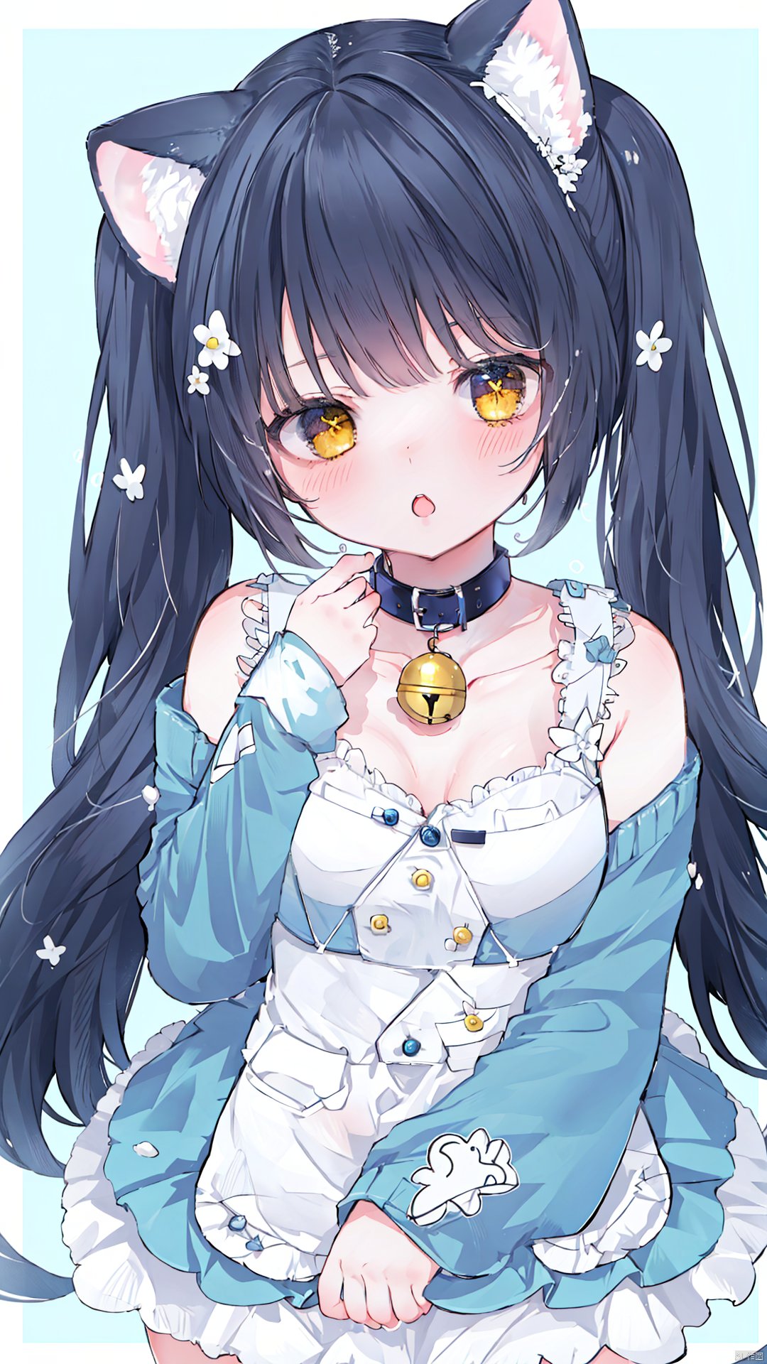 1girl, solo, long hair, breasts, looking at viewer, bangs, black hair, hair ornament, bow, animal ears, twintails, yellow eyes, virtual youtuber, cat ears, :o, collar, animal ear fluff, bell, neck bell