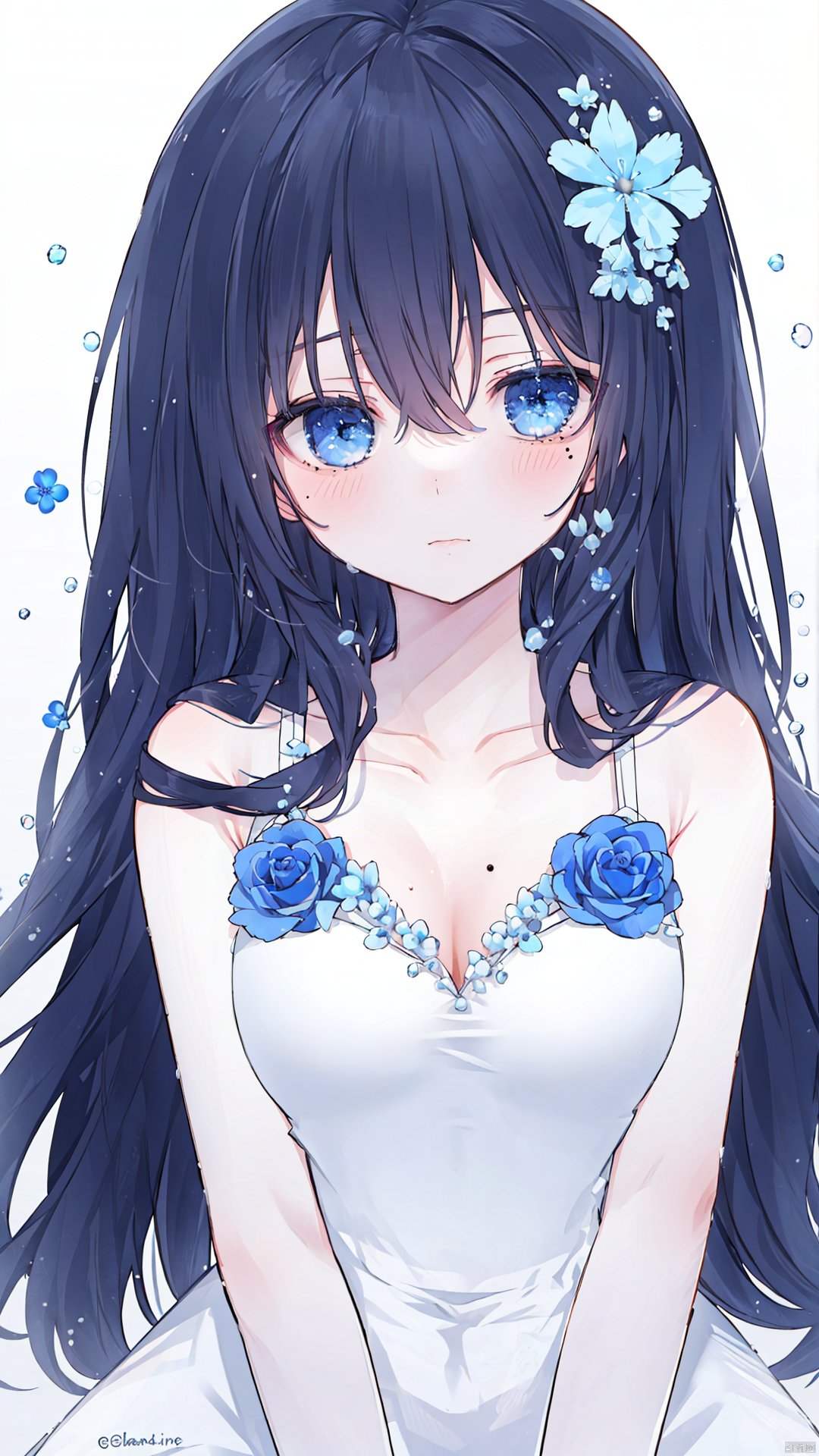 1girl, solo, long hair, breasts, looking at viewer, bangs, blue eyes, hair ornament, dress, cleavage, hair between eyes, bare shoulders, closed mouth, collarbone, upper body, flower, sleeveless, hair flower, twitter username, nail polish, white dress, mole, mole under eye, sleeveless dress, rose, blue nails, blue flower, blue rose