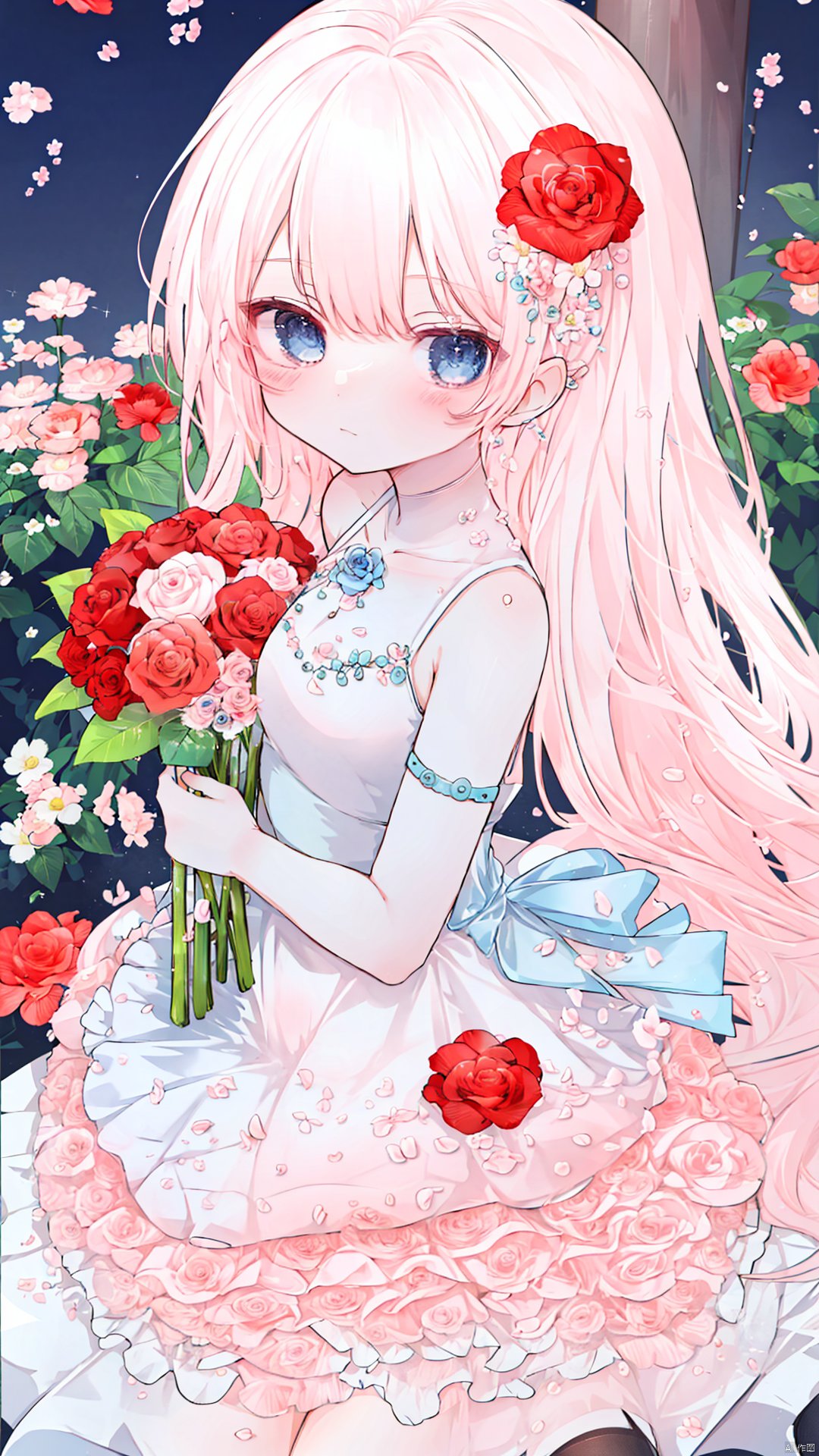  solo, 1girl, dress, flower, blue eyes, looking at viewer, long hair, hair ornament, white dress, hair flower, holding, bangs, white hair, bouquet, armlet, pink flower, sleeveless dress, bare shoulders, from side, sleeveless, holding bouquet, outdoors, breasts, rose, blush, closed mouth