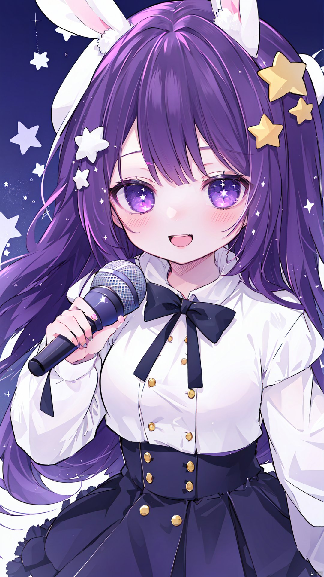 1girl, solo, long hair, looking at viewer, blush, smile, open mouth, bangs, hair ornament, hat, holding, animal ears, purple eyes, purple hair, teeth, virtual youtuber, star \(symbol\), rabbit ears, microphone, holding microphone, rabbit hair ornament