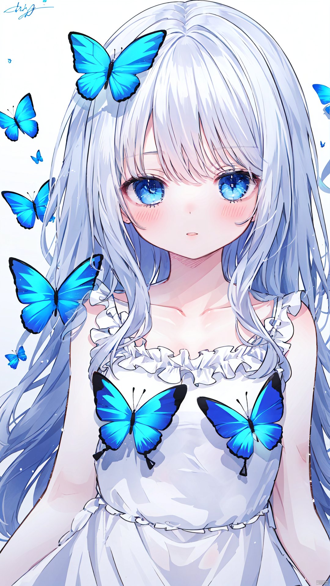 1girl, solo, long hair, looking at viewer, blush, bangs, blue eyes, dress, bare shoulders, collarbone, upper body, white hair, frills, parted lips, signature, white dress, bug, butterfly, blue butterfly