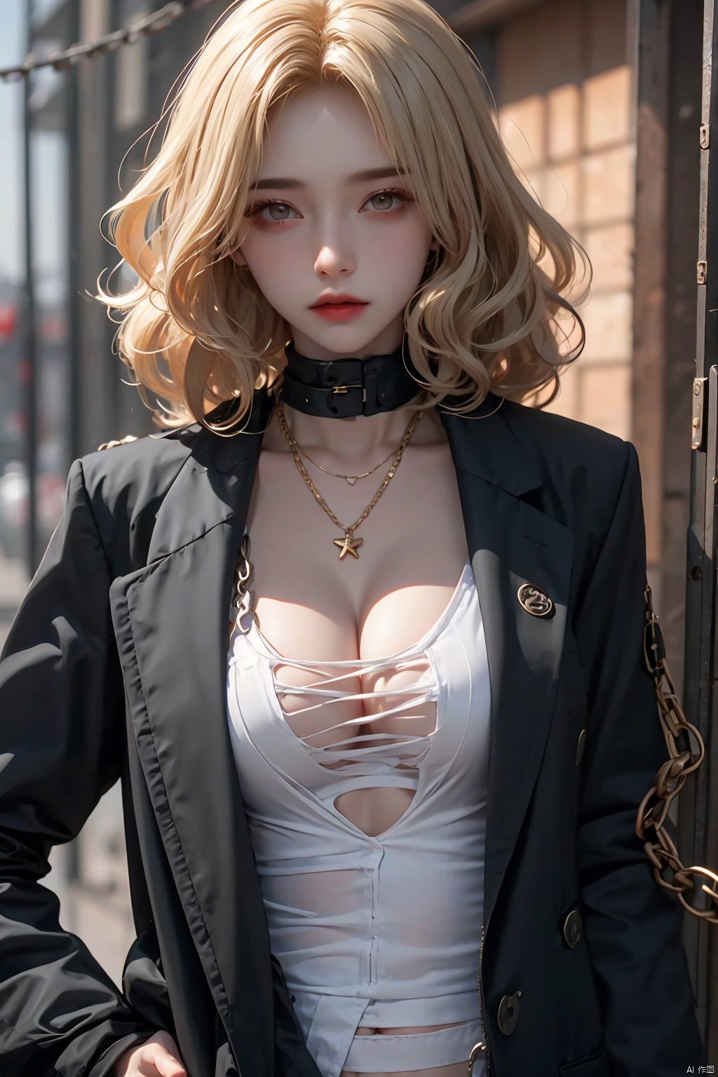  1 girl,blonde hair,cleavage,jacket,open clothes,bandages,chain necklace,curly hair,Iron chains, wire mesh,