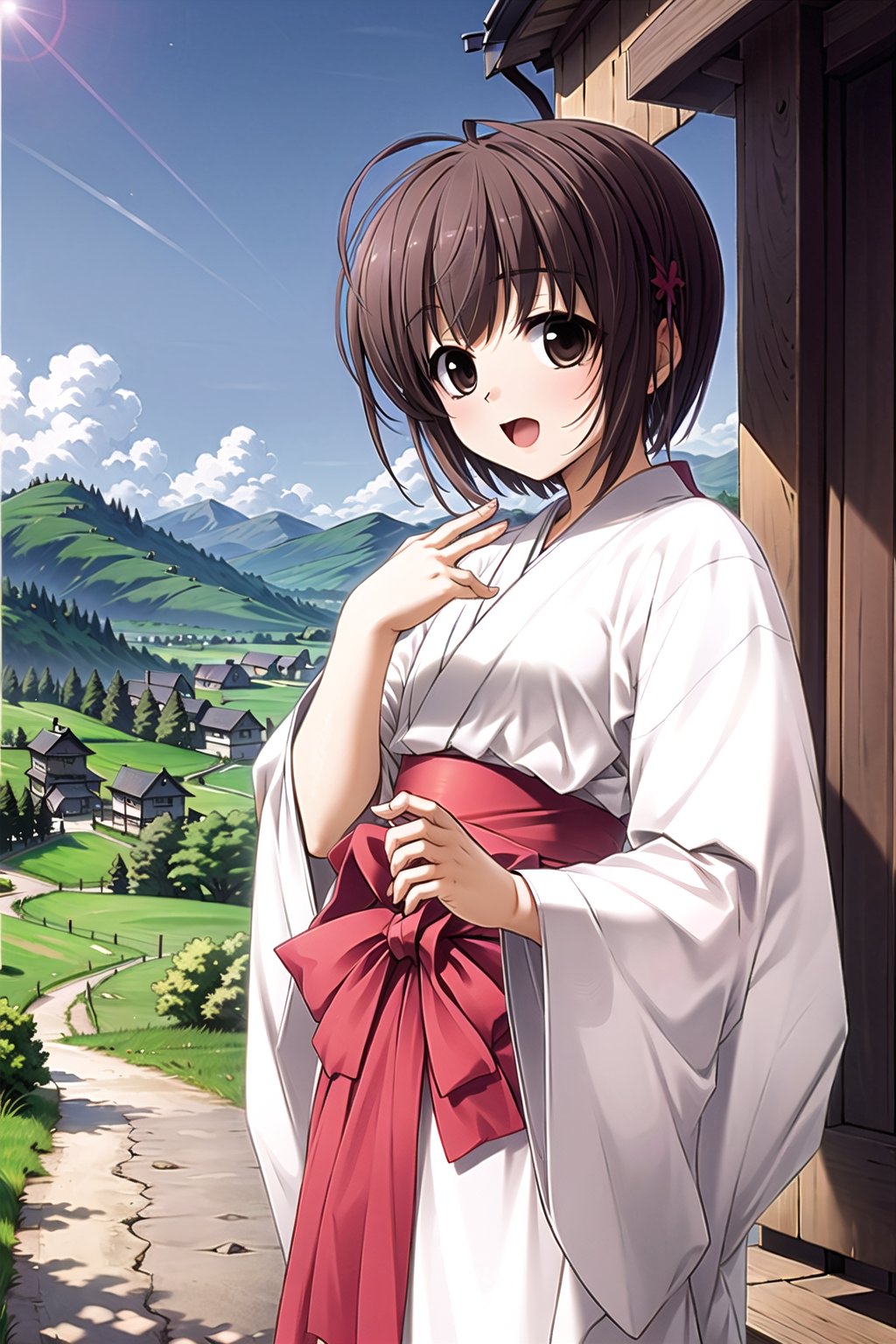 (masterpiece),Best  Quality, High Quality, (Best Picture Quality Score: 1.3), (Sharp Picture Quality), Perfect Beauty,Brown hair, short hair, shrine maiden clothing,Shrine, beautiful scenery, countryside, summer,bule sky,