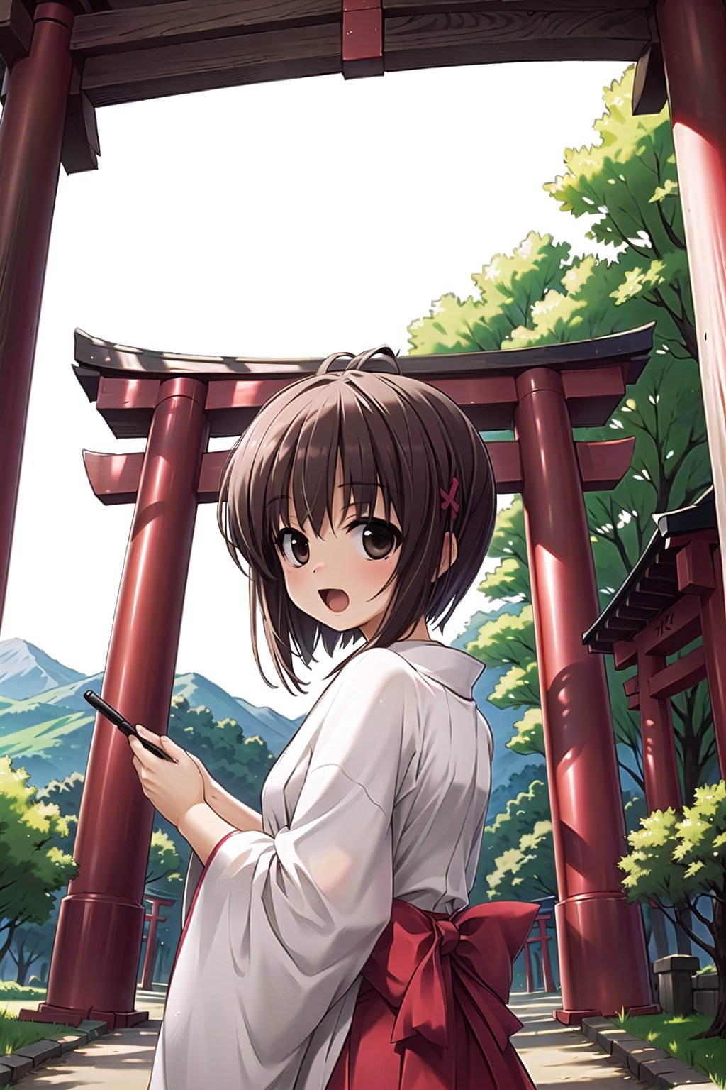 (masterpiece,Best  Quality, High Quality, Best Picture Quality Score: 1.3), (Sharp Picture Quality), Perfect Beauty,Brown hair, short hair, shrine maiden clothing,Shrine, torii, beautiful scenery, countryside, summer