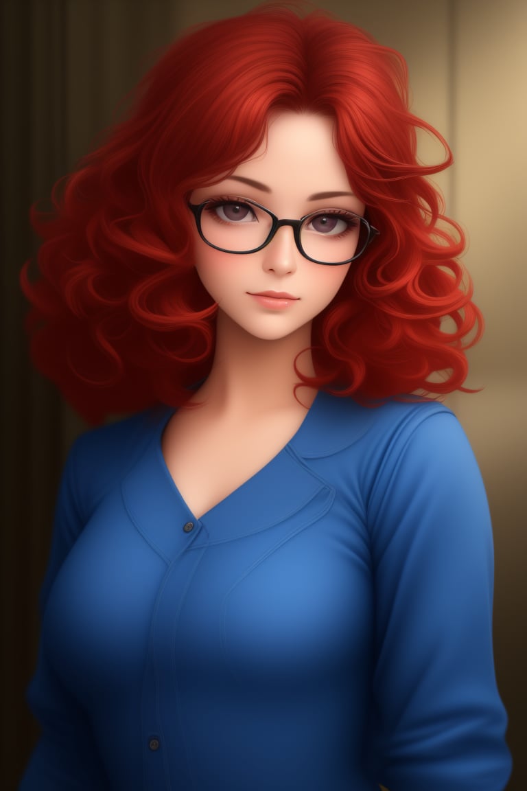 a woman with glasses is posing for a picture, red hair and attractive features, denim, photorealistic, portrait hd, (dark shorter curly hair), Turkish and Russian, hipster, girl, pixie,portraitHD, ,Sexy Pose,midjourney
