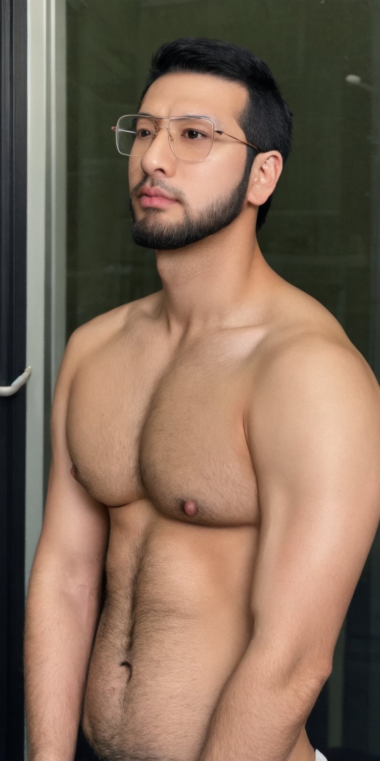 Asian_male , full body, glasses, stubble, fit body, handsome, bronzed skin, chubby, mature, short hair, (sideburns, chinstrap beard:1.3), long penis,erection. (shaved philtrum, hairless philtrum), hairless chest,from_below,erection,photorealistic,peach_boy