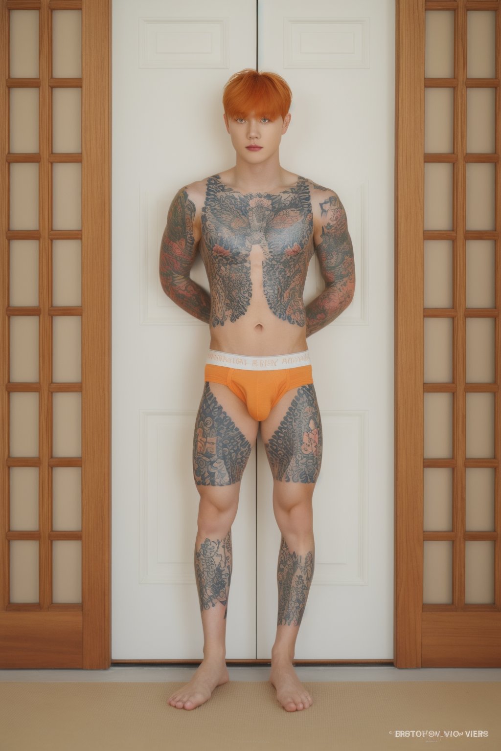 1boy, solo, orange hair, looking at viewer, full body, briefs, tattoo,peach_boy