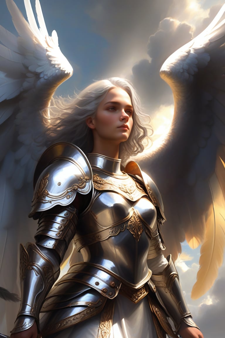 (masterpiece), (ultra detail), (intricate armor), A female angel, wide wings, feather, armor, levietate among cloud and sun light, (surreal painting), (epic:1.2), (majestic), (catholic:1.2), silver hair floating,