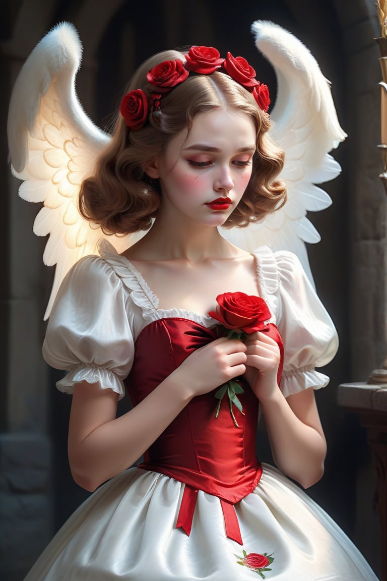 (Young teenage girl), (cute theme), medieval theme, fantasy fiction, dreamy. portrait of a woman, maid dress, red lips, she is sad, bow head down, rose symbolism decoration. (masterpiece:1.2), glow red, Angel