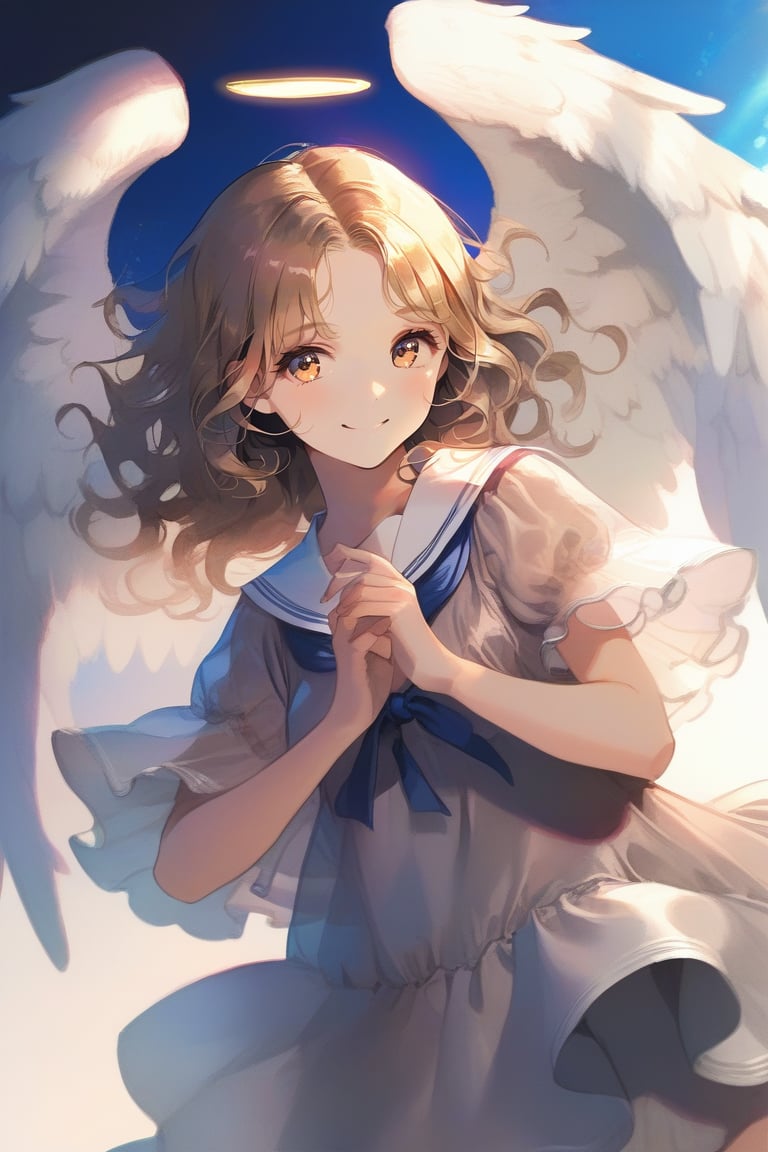 Smile cute girl, angel, with summer dress, layer dress, white sailor upper body costume. dutch angle, dynamic pose.
