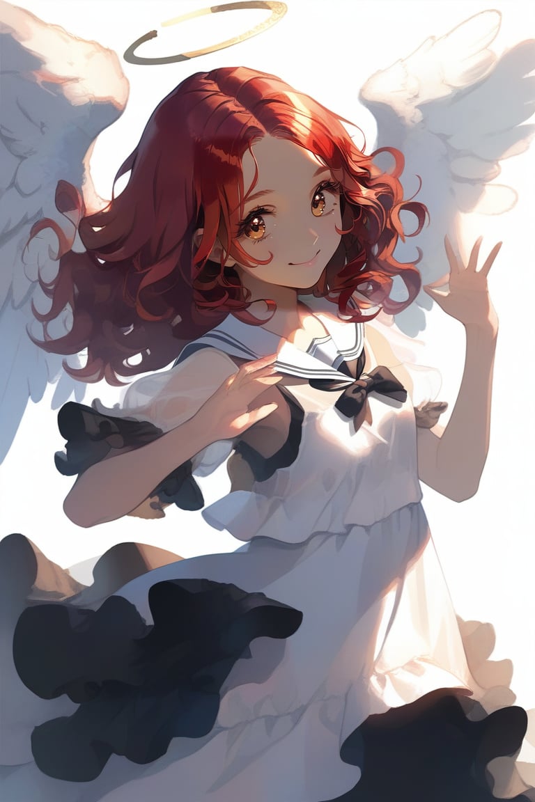 Smile cute girl, red hair, angel, with summer dress, layer dress, white sailor upper body costume. dutch angle, dynamic pose.