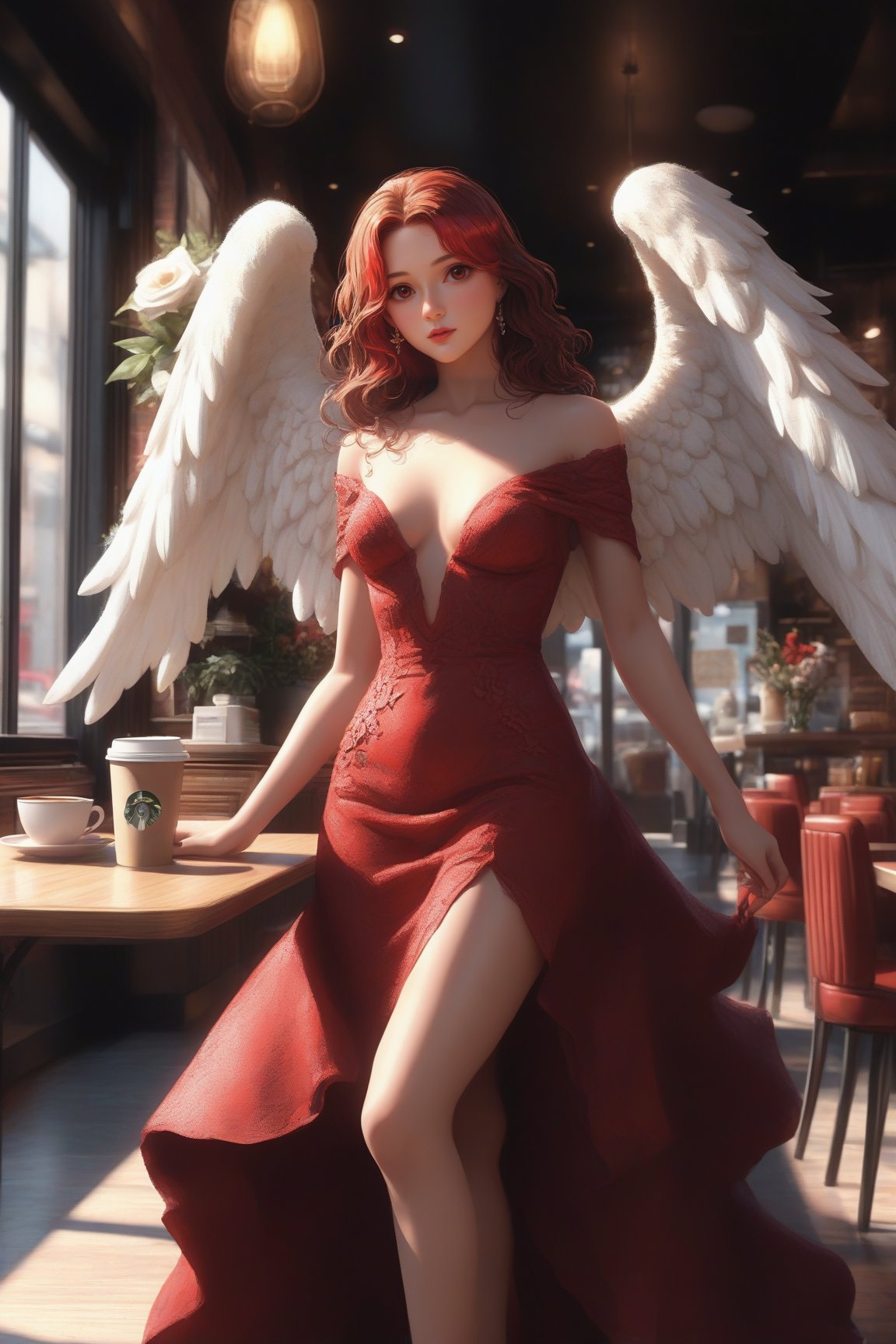 Masterpiece, ultra detail, 8k, UHD, best quality.
Pretty woman, slim body, red dress, impressive dress, (angel:1.4), walking out of the coffee shop, flowers decoration, natural light.