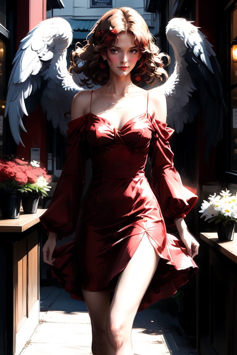 anime, brushstroke,
Pretty woman, slim body, red dress, impressive dress, (angel:1.4), walking out of the coffee shop, flowers decoration, natural light.