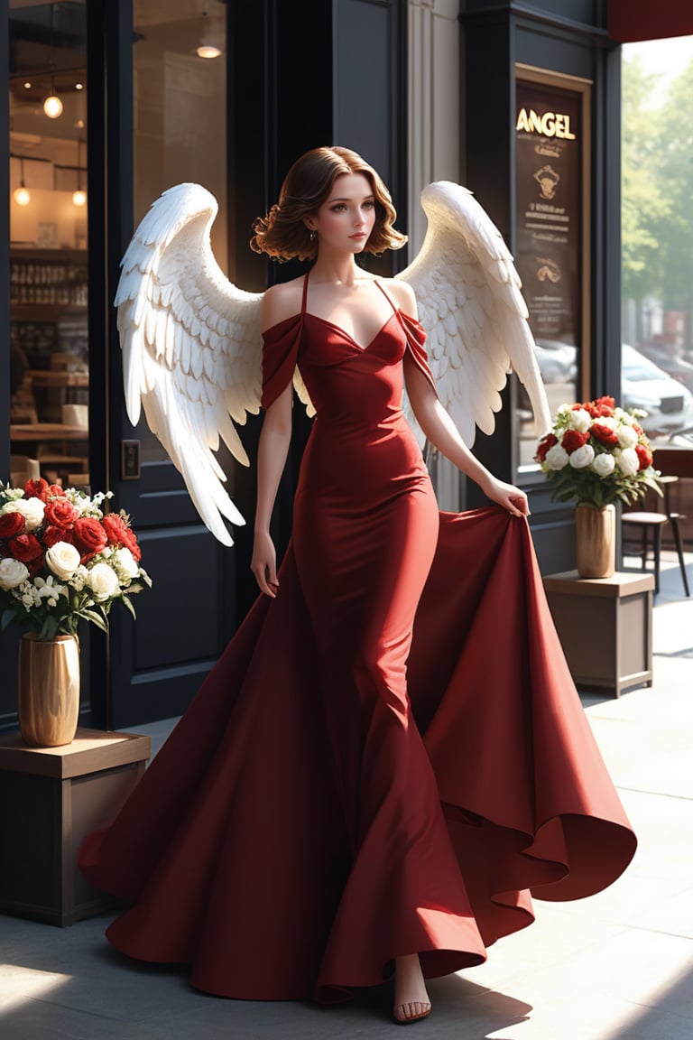 Pretty woman, slim body, red dress, impressive dress, (angel:1.4), walking out of the coffee shop, flowers decoration, natural light.