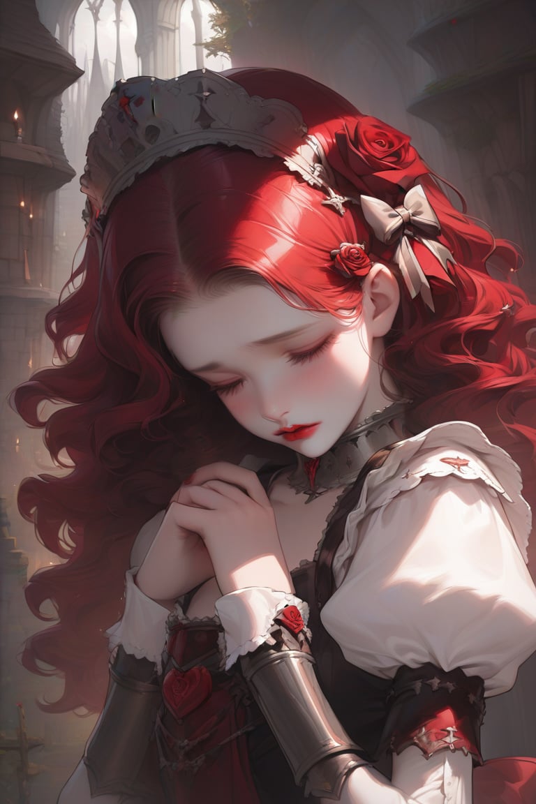 (Young teenage girl), (cute theme), medieval theme, fantasy fiction, dreamy. portrait of a woman, maid dress, red lips, she is sad, bow head down, rose symbolism decoration. (masterpiece:1.2), glow red, Angel