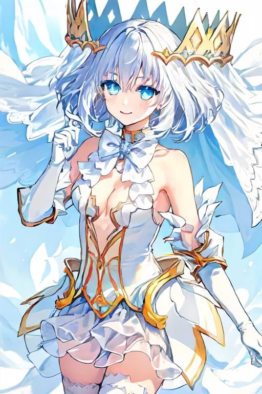 <lora:tobiichi_origami_angel-000004:0.8> , tobiichi origami angel, 1girl, solo, white hair, short hair, bangs, hair between eyes, bare shoulders, blue eyes. small breasts, center opening cleavage, crown, detached sleeves, elbow gloves, looking at viewer, smile, white bow, white bowtie, white dress, white gloves, white veil, cowboy shot, white thighhighs, 