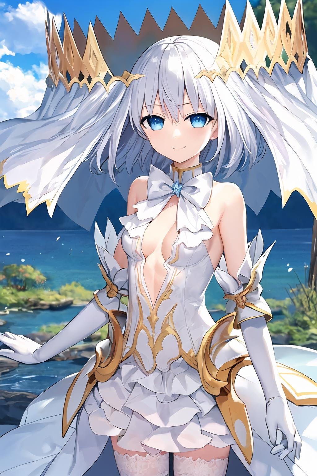 masterpiece, best quality, 1girl, <lora:tobiichi_origami_angel-000002:0.8>, tobiichi origami angel, blue eyes, solo, standing, crown, white hair, short hair, bangs, hair between eyes, looking at viewer, smile, bare shoulders, cleavage, small breasts, detached sleeves, elbow gloves, white bow, white bowtie, (white dress:1.2), white gloves, cowboy shot, white thighhighs, center opening,