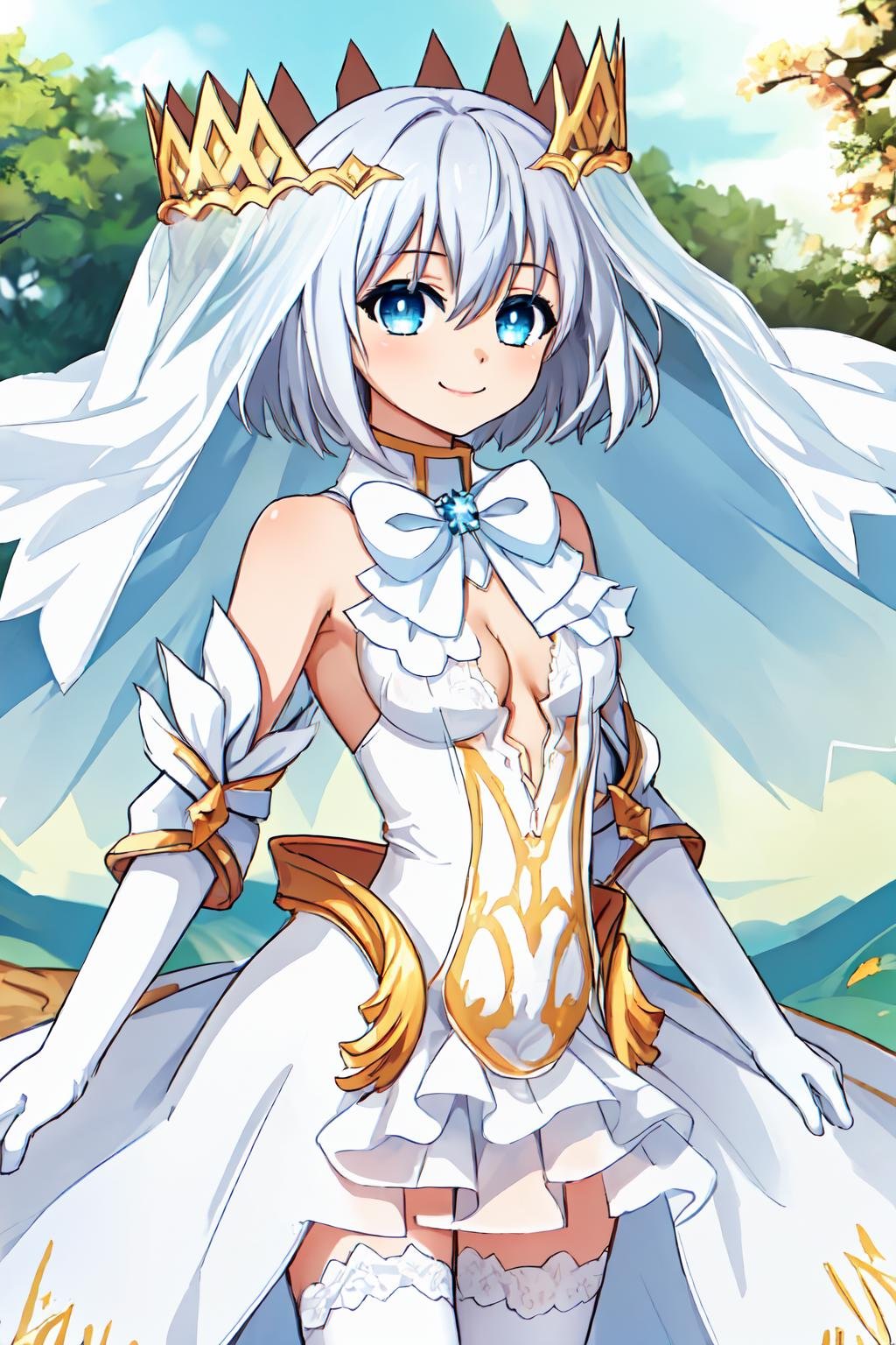 masterpiece, best quality, 1girl, <lora:tobiichi_origami_angel-000002:0.8>, tobiichi origami angel, blue eyes, solo, standing, crown, white hair, short hair, bangs, hair between eyes, white veil, looking at viewer, smile, bare shoulders, cleavage, small breasts, detached sleeves, elbow gloves, white bow, white bowtie, (white dress:1.2), white gloves, cowboy shot, white thighhighs, center opening,