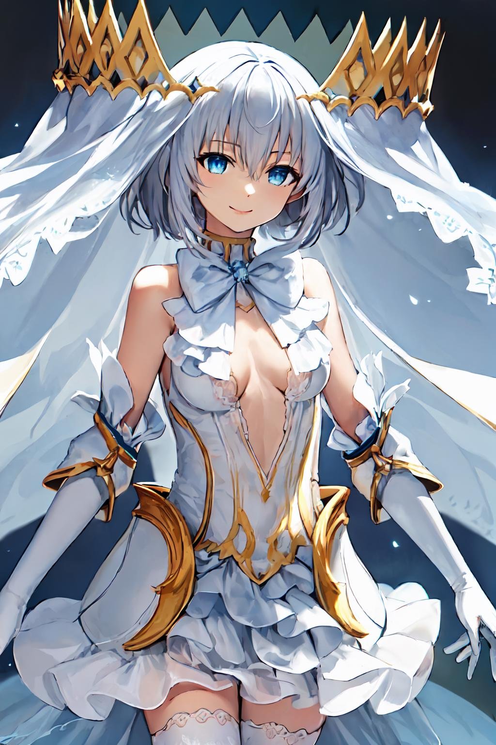 masterpiece, best quality, 1girl, <lora:tobiichi_origami_angel-000002:0.8>, tobiichi origami angel, blue eyes, solo, standing, crown, white hair, short hair, bangs, hair between eyes, white veil, looking at viewer, smile, bare shoulders, cleavage, small breasts, detached sleeves, elbow gloves, white bow, white bowtie, (white dress:1.2), white gloves, cowboy shot, white thighhighs, center opening,