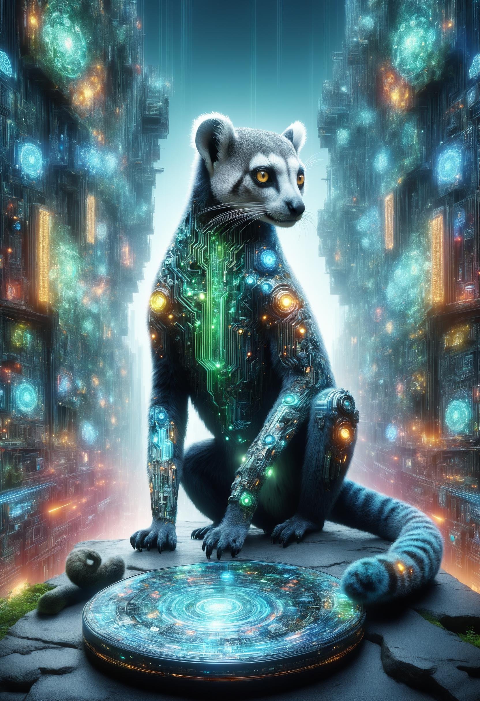 DonMQu4n7umZ3r0XL fusion of lemur,chameleon,Rajang,snow leopard,hydra , utopian city, urban landscaping,celestial body,urban wildlife,quantum tech, futuristic,circuit board,<lora:DonMQu4n7umZ3r0XL-000006:0.8>, 