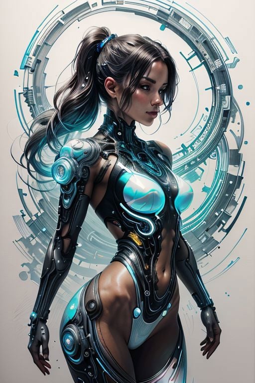 cyberpunk,  futuristic,  thin,  fine fractal glossy vivid colored ink sketch shiny contours outlines of a perfect physique female silhouette